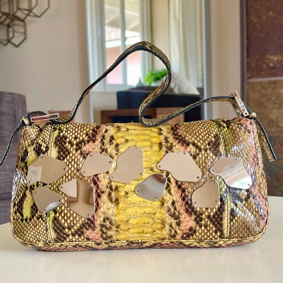 SOLD FENDI Rare Baguette Vintage Mirror Python Karl Lagerfeld Embellished - Picture 6 of 17